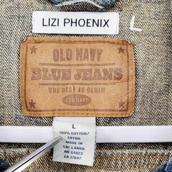 LIZI PHOENIX Old Navy Custom Hand-painted Blue Jean Trucker Jacket Men's Size L - Picture 9 of 11